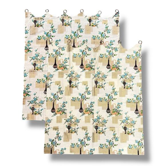Vintage Mid Century NEW Pair Floral Toile Kitchen Cafe Curtains Scalloped Tabs - Picture 1 of 9